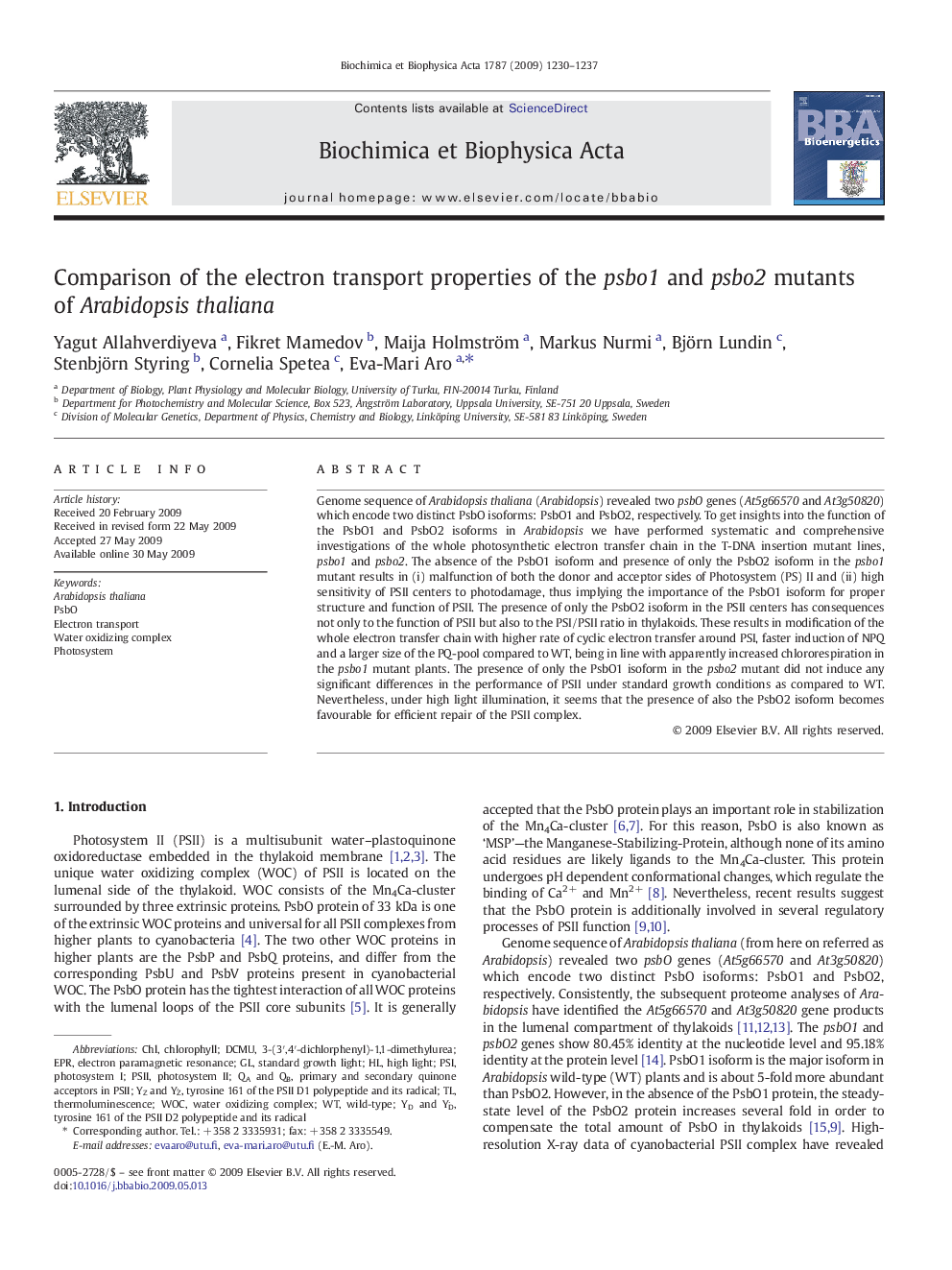 Comparison of the electron transport properties of the psbo1 and psbo2 mutants of Arabidopsis thaliana