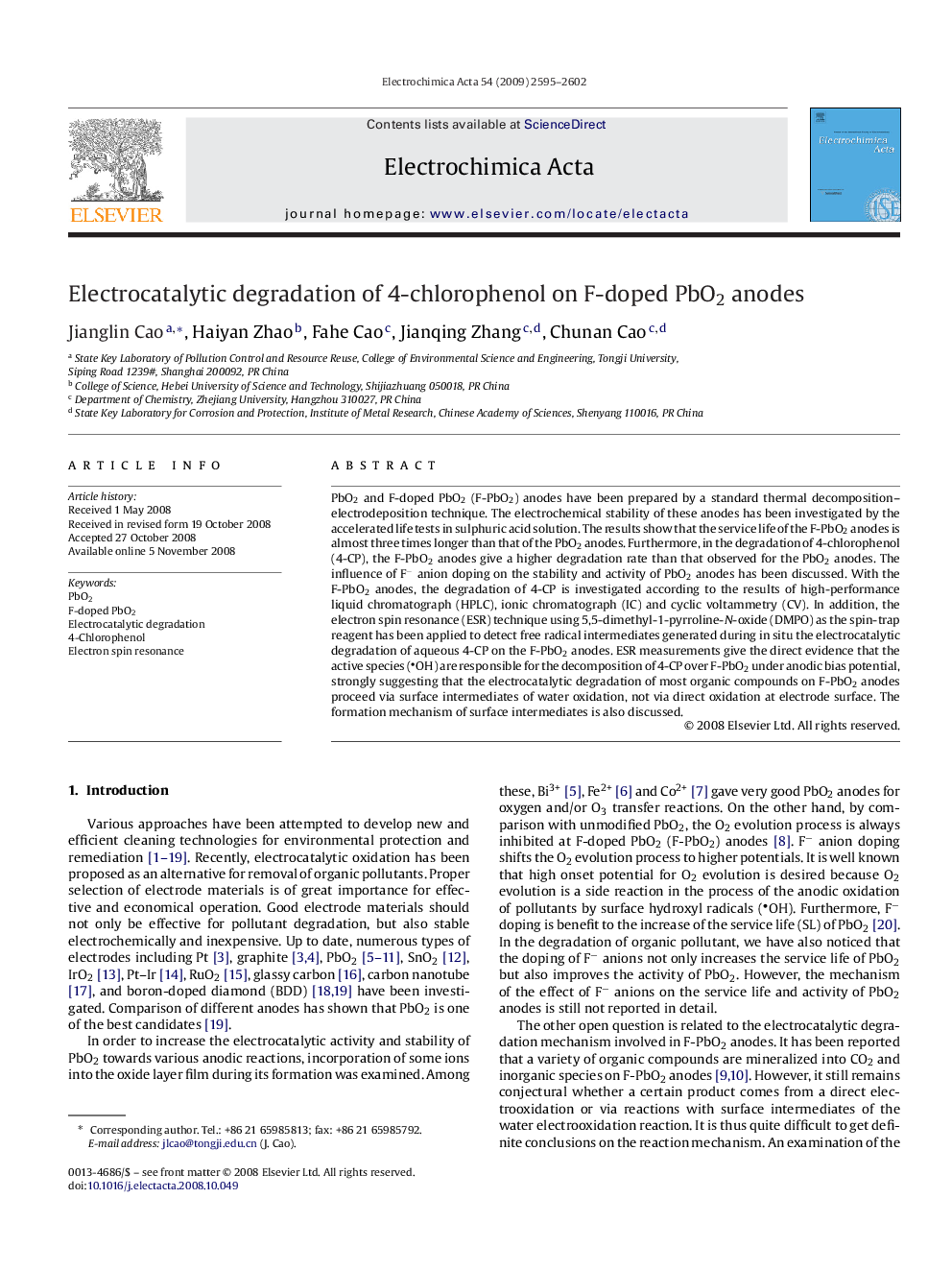 Electrocatalytic degradation of 4-chlorophenol on F-doped PbO2 anodes