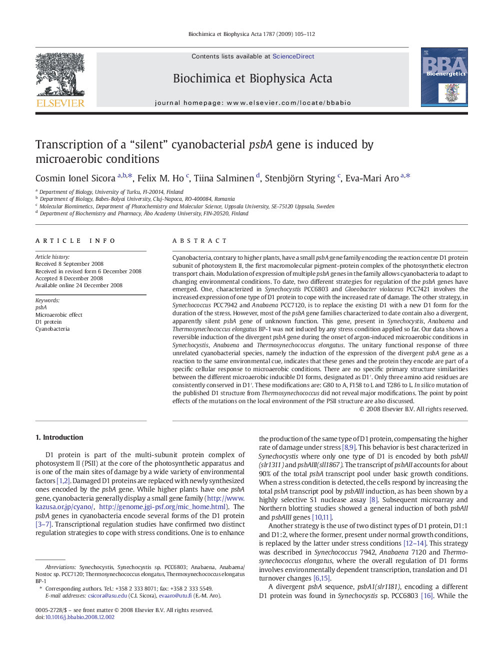 Transcription of a “silent” cyanobacterial psbA gene is induced by microaerobic conditions