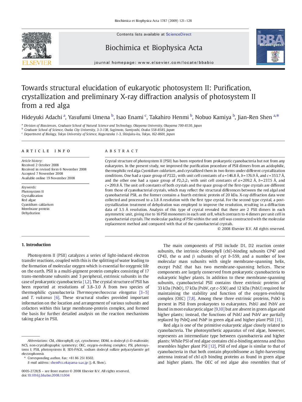 Towards structural elucidation of eukaryotic photosystem II: Purification, crystallization and preliminary X-ray diffraction analysis of photosystem II from a red alga