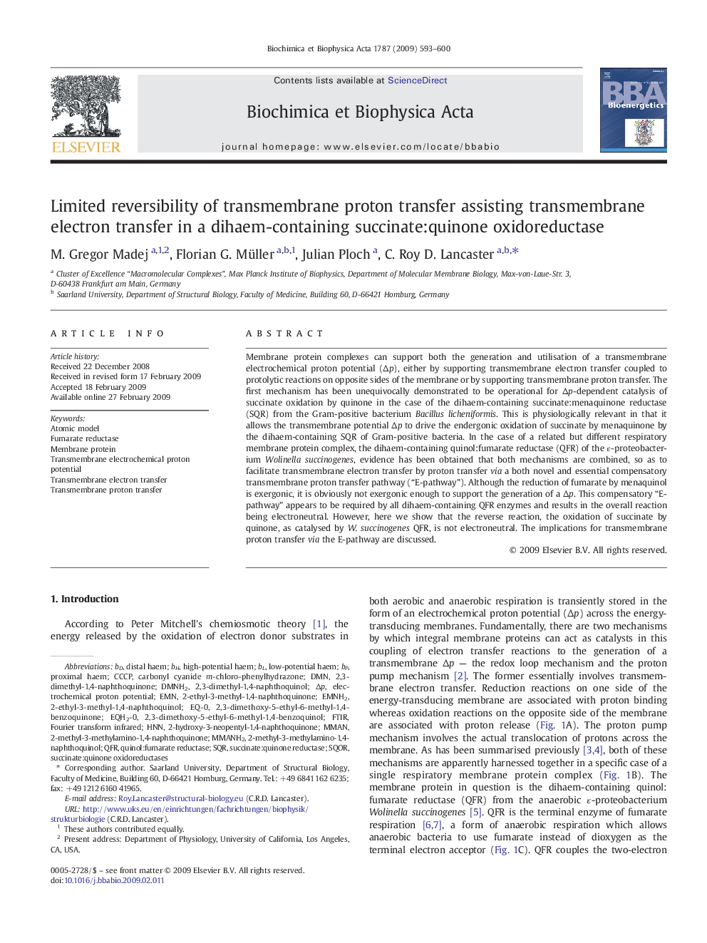Limited reversibility of transmembrane proton transfer assisting transmembrane electron transfer in a dihaem-containing succinate:quinone oxidoreductase