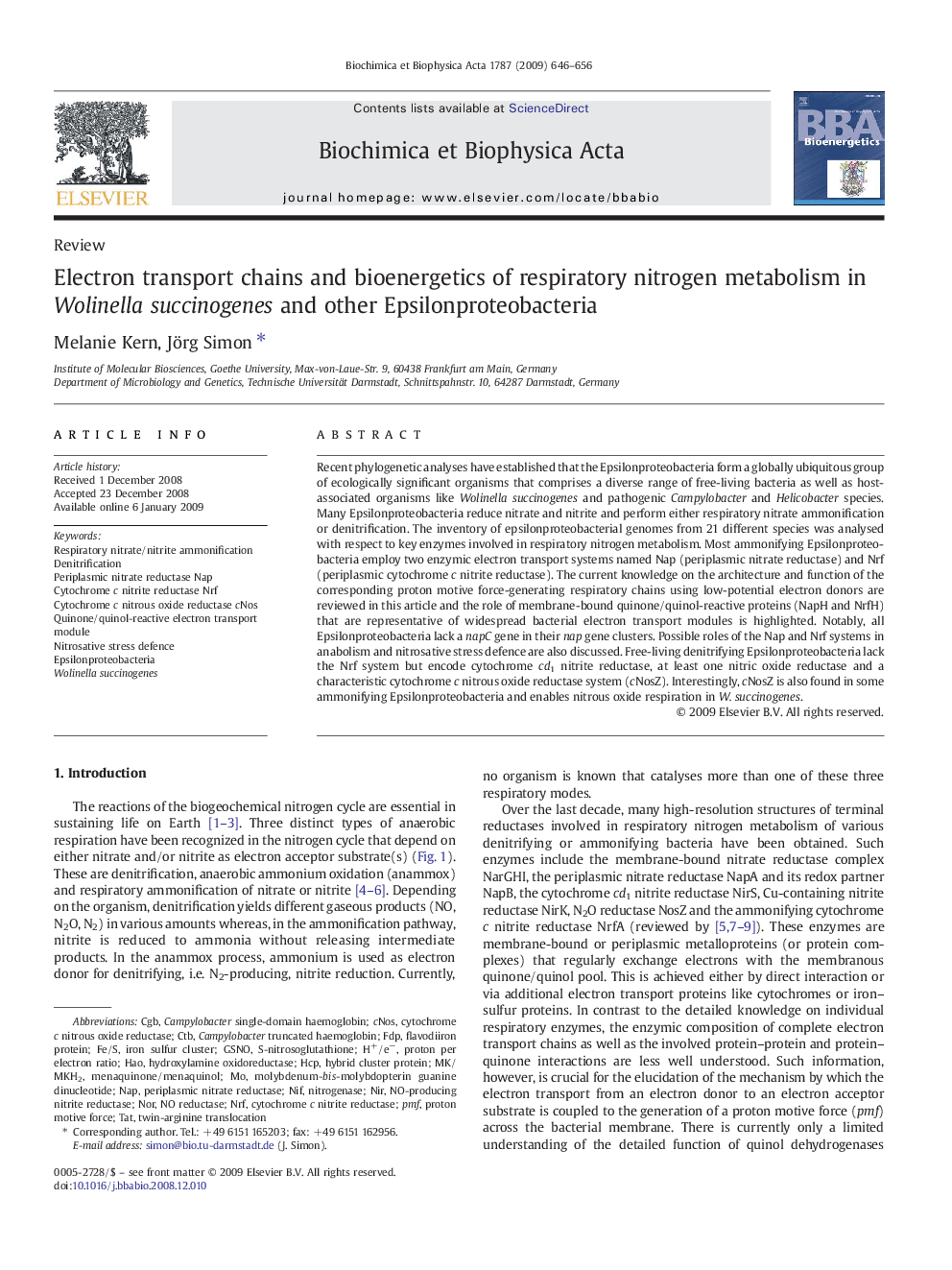Electron transport chains and bioenergetics of respiratory nitrogen metabolism in Wolinella succinogenes and other Epsilonproteobacteria