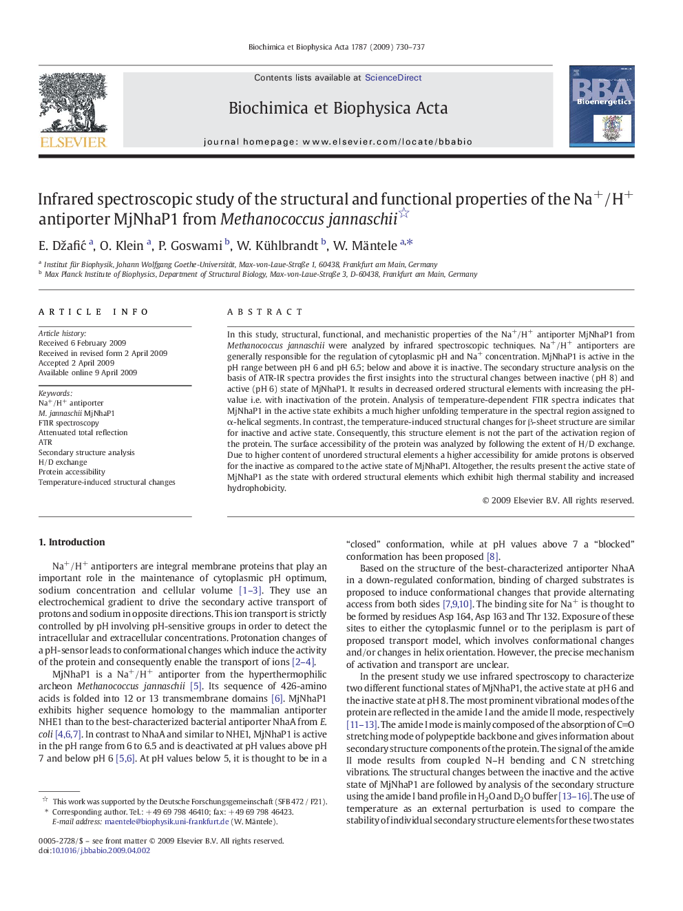 Infrared spectroscopic study of the structural and functional properties of the Na+/H+ antiporter MjNhaP1 from Methanococcus jannaschii 