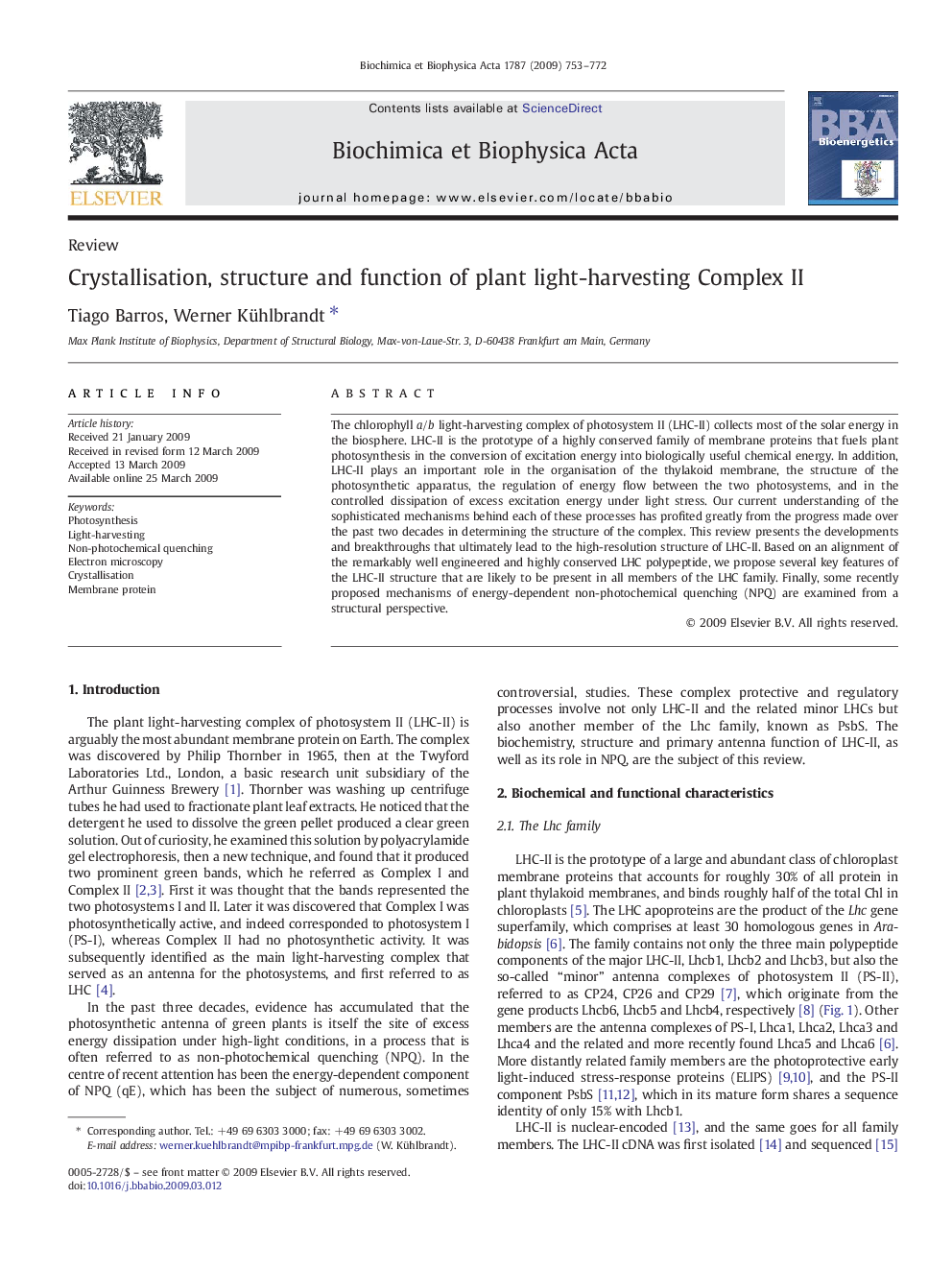 Crystallisation, structure and function of plant light-harvesting Complex II