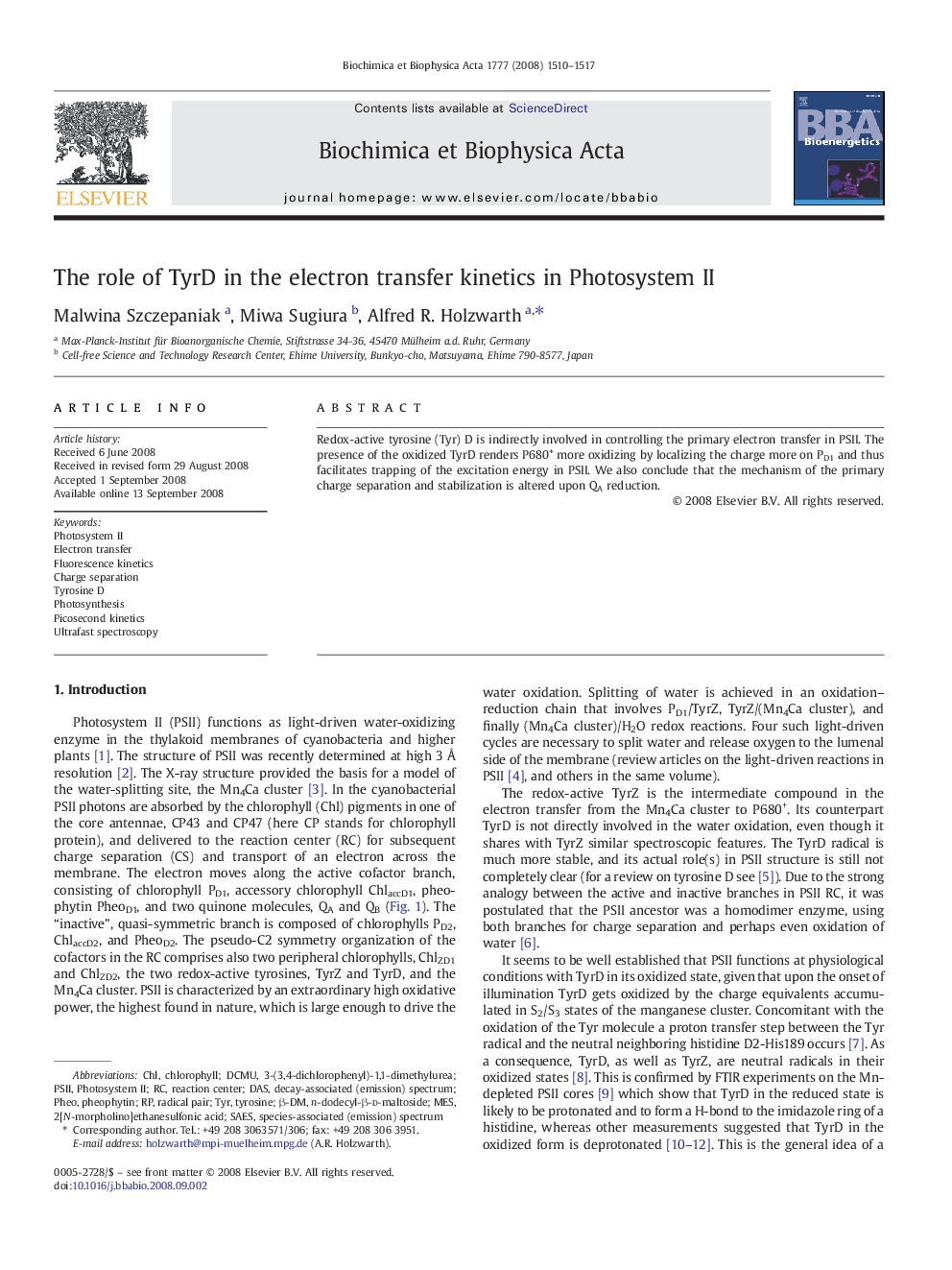 The role of TyrD in the electron transfer kinetics in Photosystem II