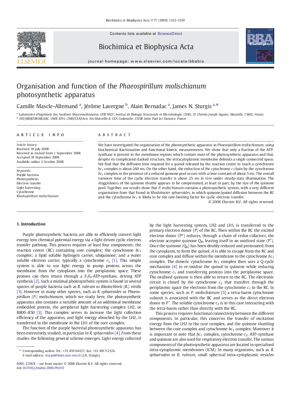 Organisation and function of the Phaeospirillum molischianum photosynthetic apparatus