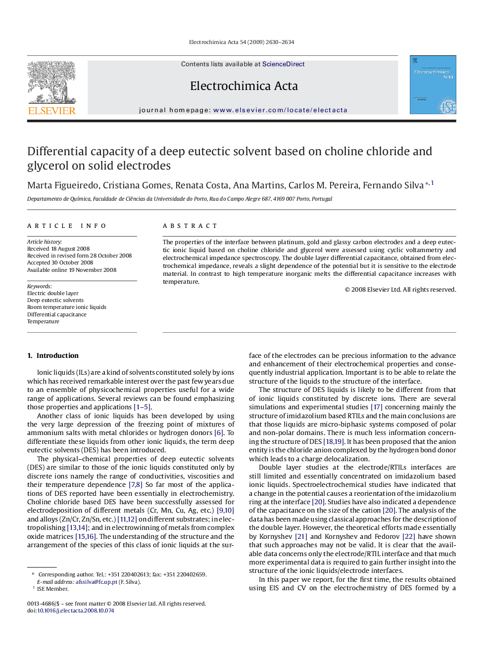 Differential capacity of a deep eutectic solvent based on choline chloride and glycerol on solid electrodes