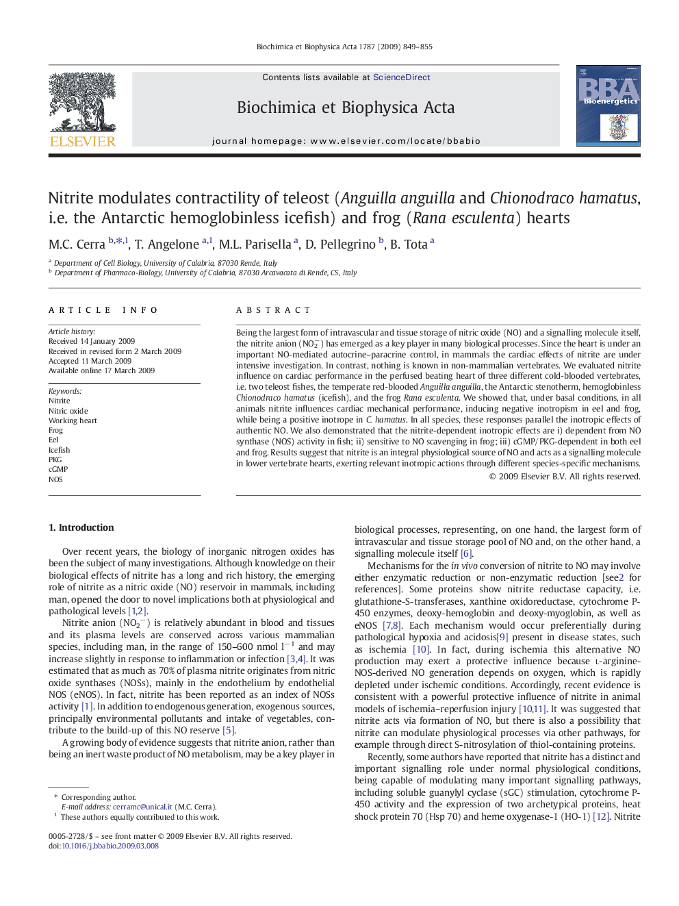 Nitrite modulates contractility of teleost (Anguilla anguilla and Chionodraco hamatus, i.e. the Antarctic hemoglobinless icefish) and frog (Rana esculenta) hearts