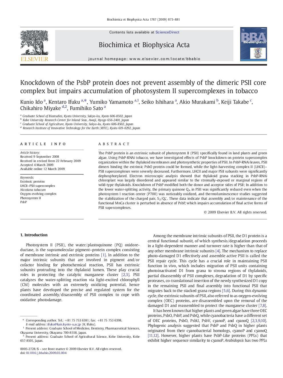 Knockdown of the PsbP protein does not prevent assembly of the dimeric PSII core complex but impairs accumulation of photosystem II supercomplexes in tobacco