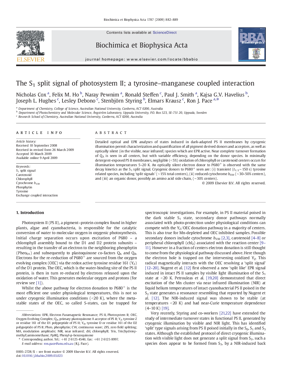 The S1 split signal of photosystem II; a tyrosine–manganese coupled interaction