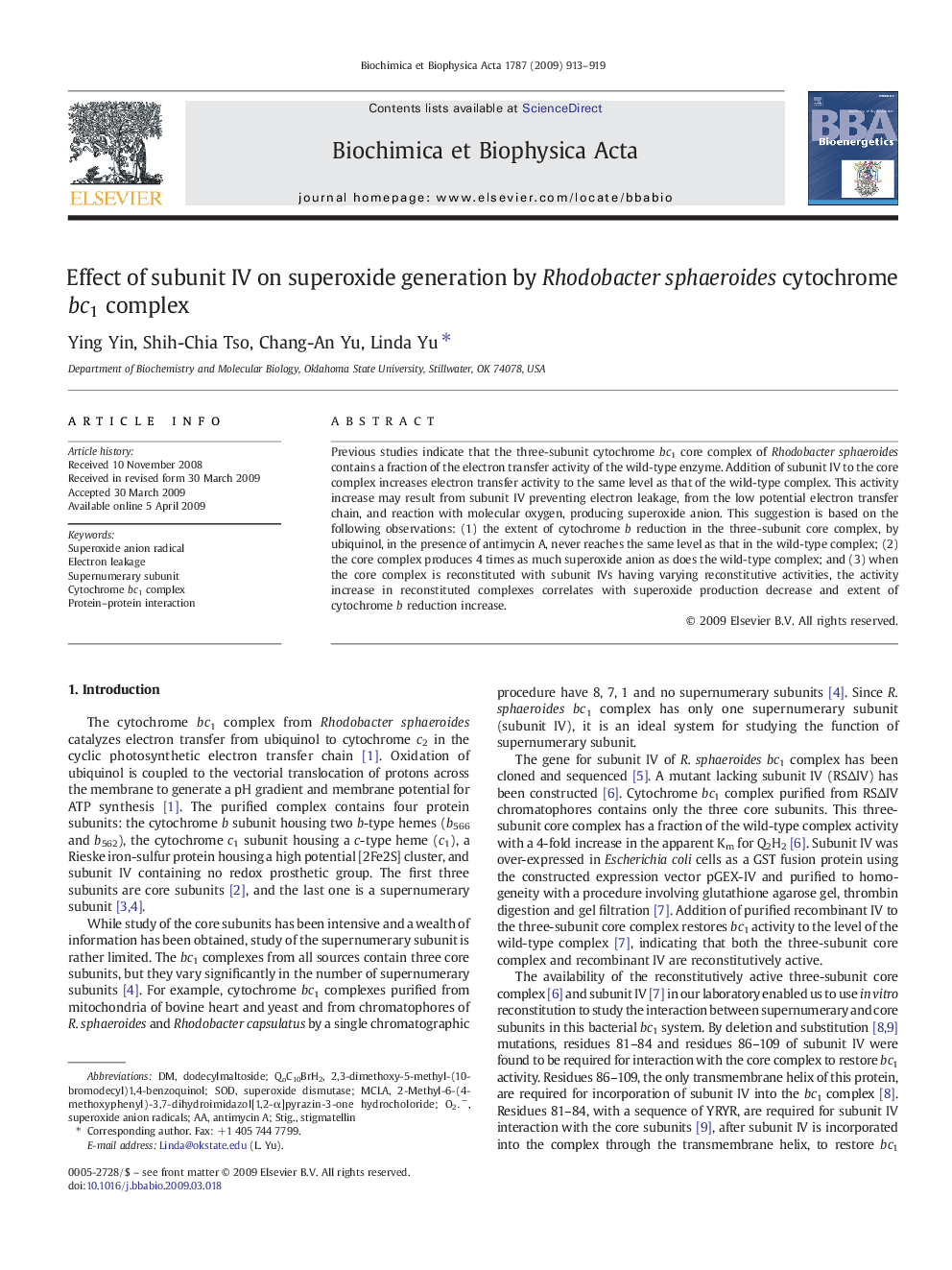 Effect of subunit IV on superoxide generation by Rhodobacter sphaeroides cytochrome bc1 complex