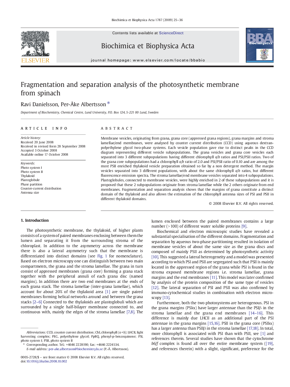 Fragmentation and separation analysis of the photosynthetic membrane from spinach