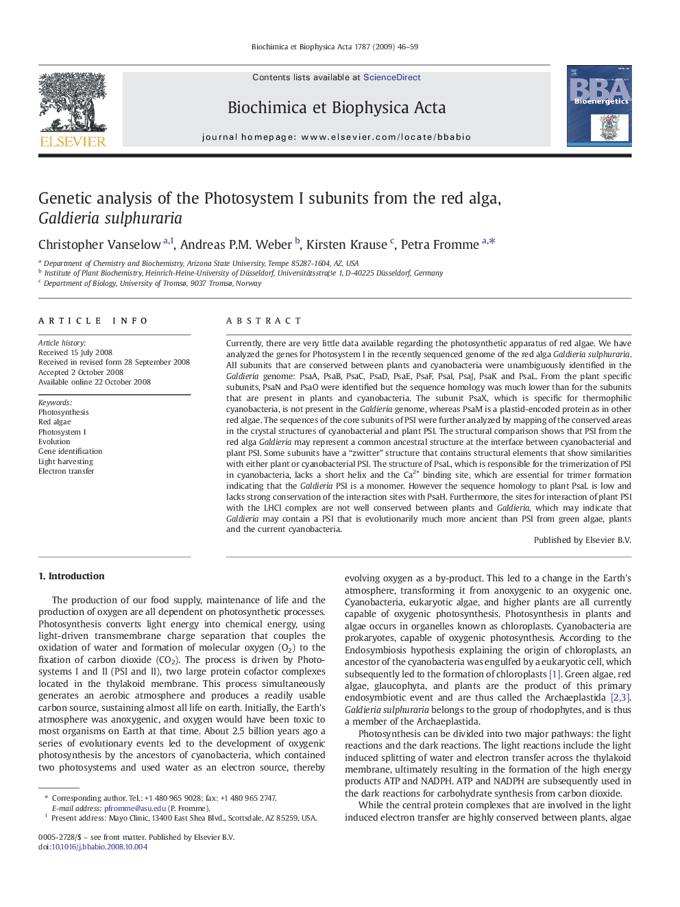 Genetic analysis of the Photosystem I subunits from the red alga, Galdieria sulphuraria