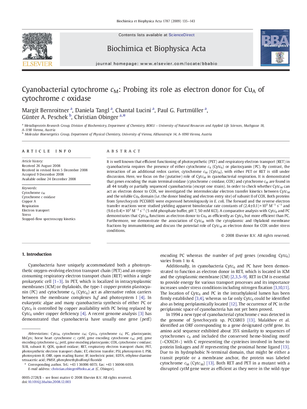 Cyanobacterial cytochrome cM: Probing its role as electron donor for CuA of cytochrome c oxidase