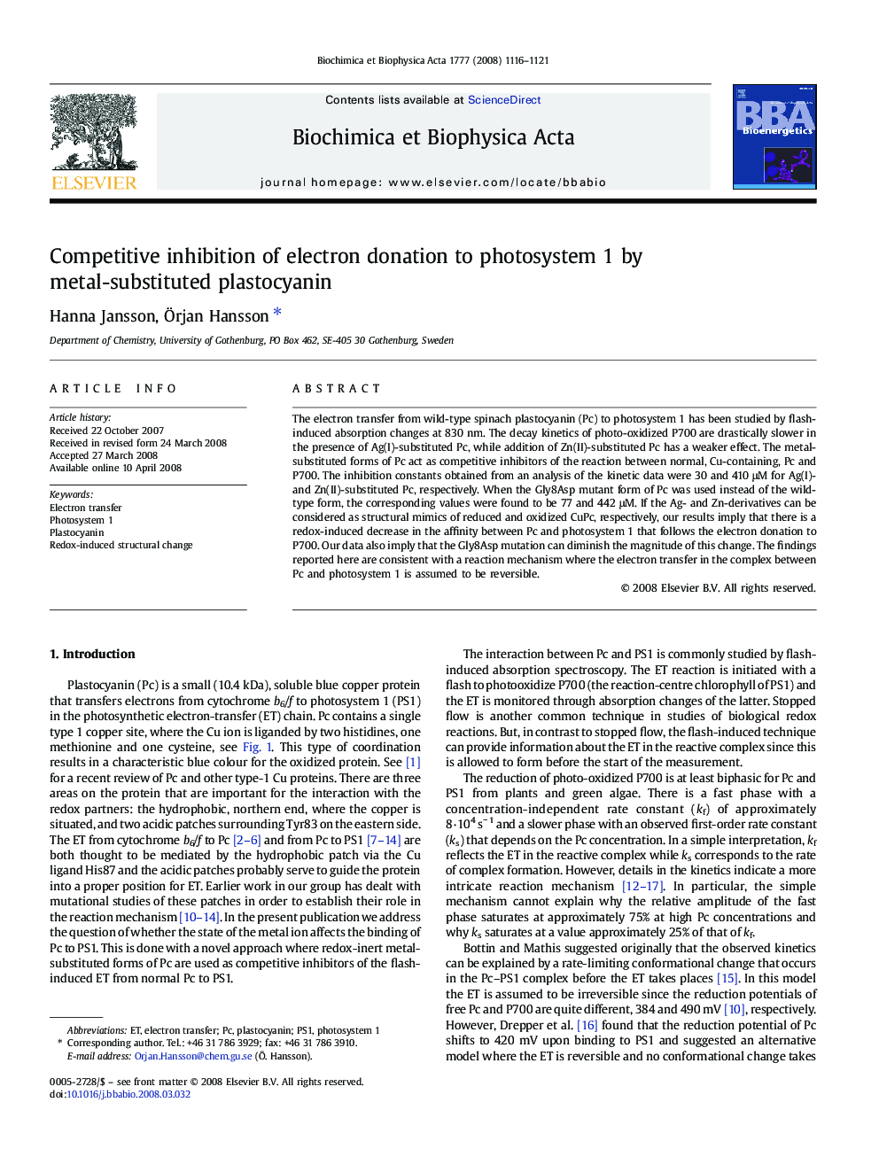 Competitive inhibition of electron donation to photosystem 1 by metal-substituted plastocyanin