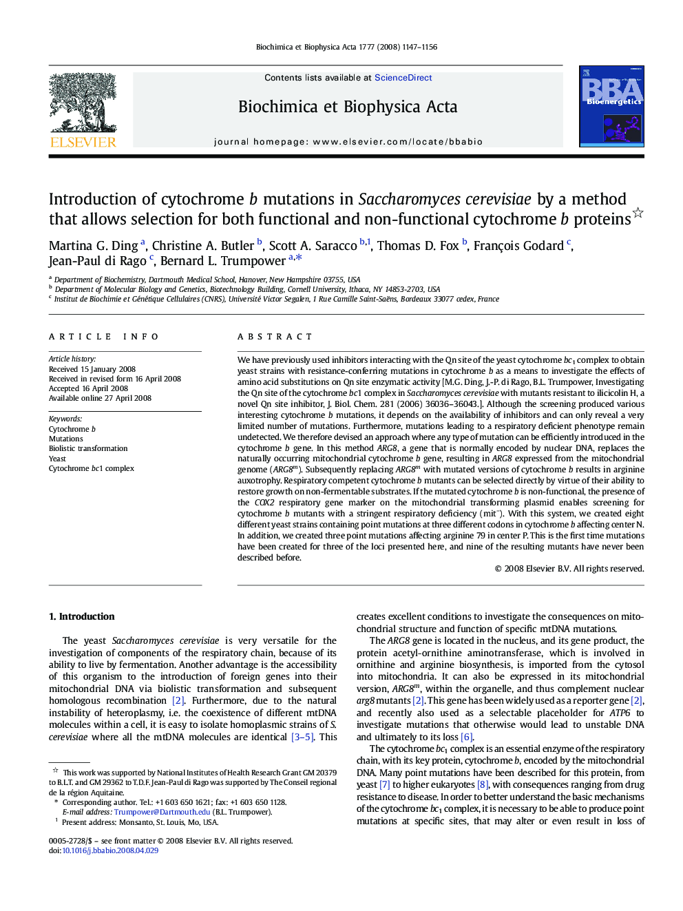 Introduction of cytochrome b mutations in Saccharomyces cerevisiae by a method that allows selection for both functional and non-functional cytochrome b proteins 