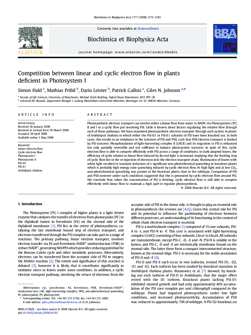 Competition between linear and cyclic electron flow in plants deficient in Photosystem I