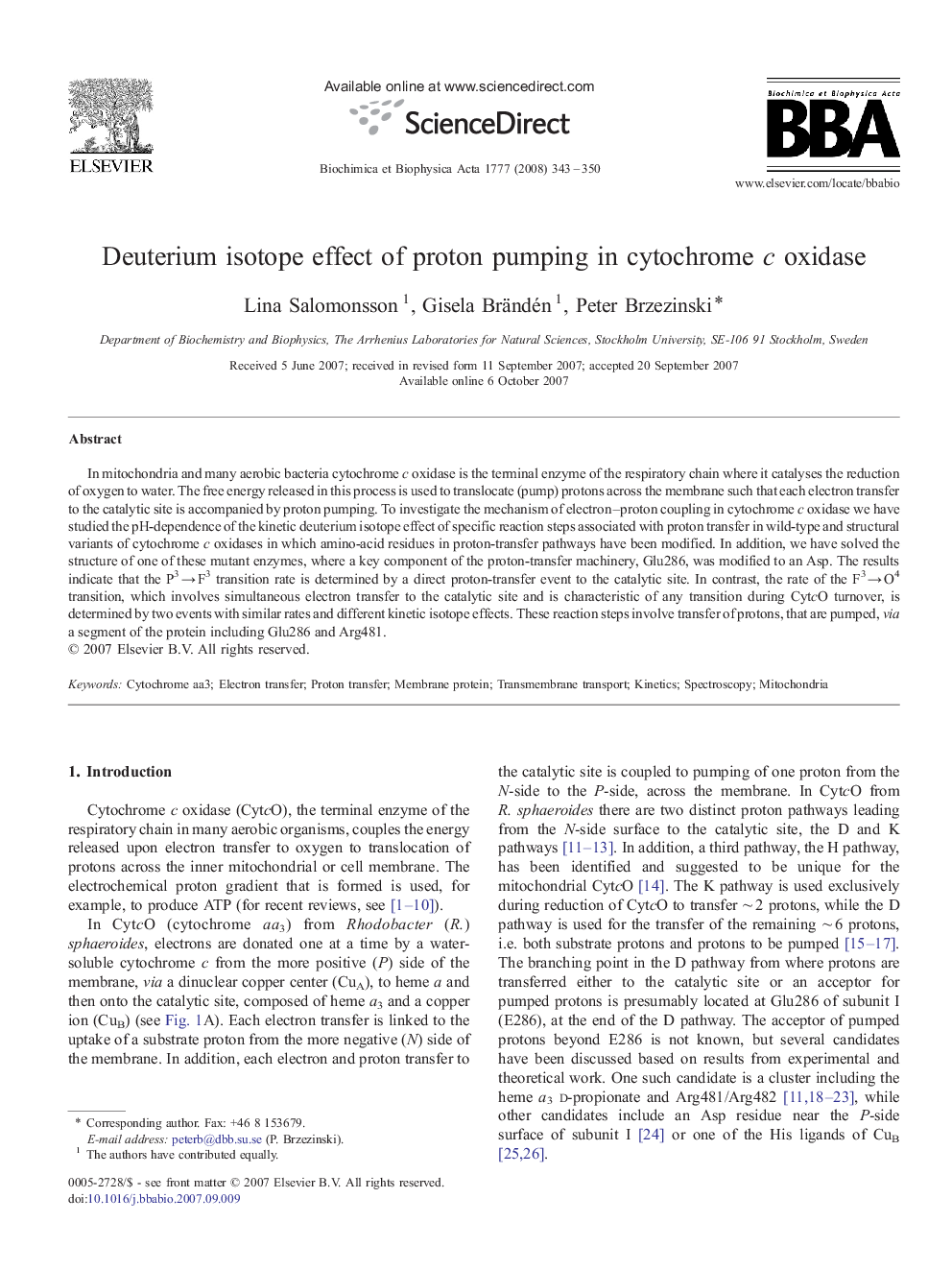 Deuterium isotope effect of proton pumping in cytochrome c oxidase