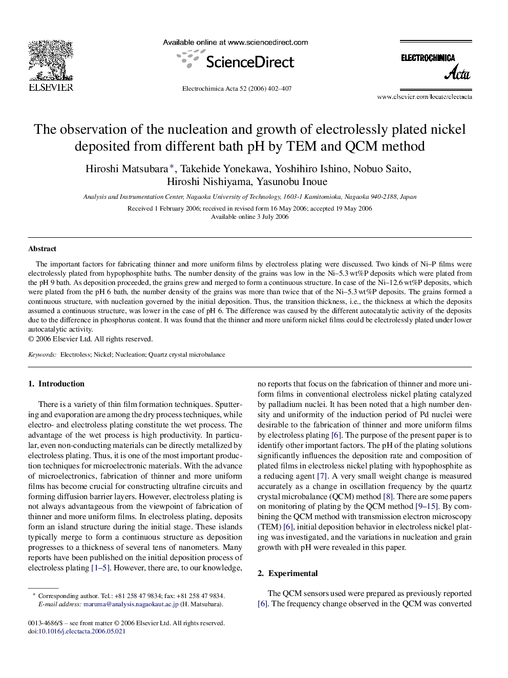 The observation of the nucleation and growth of electrolessly plated nickel deposited from different bath pH by TEM and QCM method