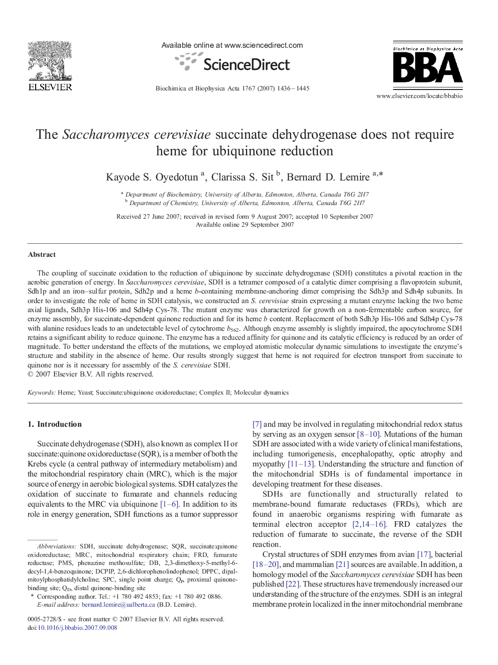 The Saccharomyces cerevisiae succinate dehydrogenase does not require heme for ubiquinone reduction