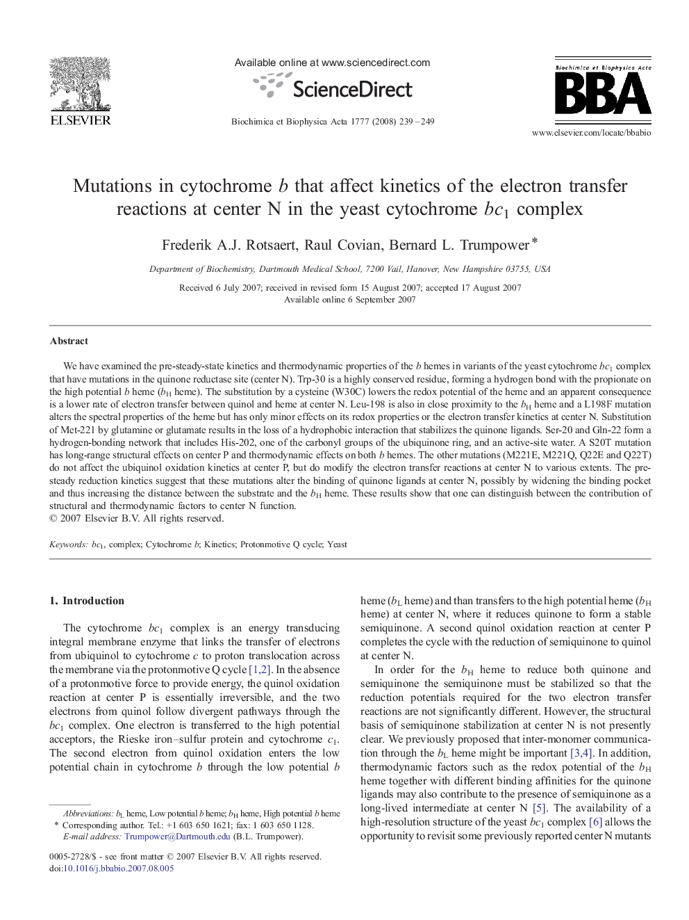 Mutations in cytochrome b that affect kinetics of the electron transfer reactions at center N in the yeast cytochrome bc1 complex