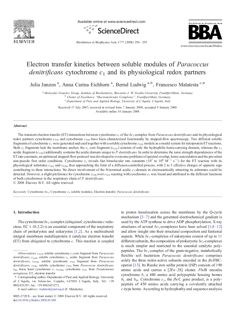 Electron transfer kinetics between soluble modules of Paracoccus denitrificans cytochrome c1 and its physiological redox partners