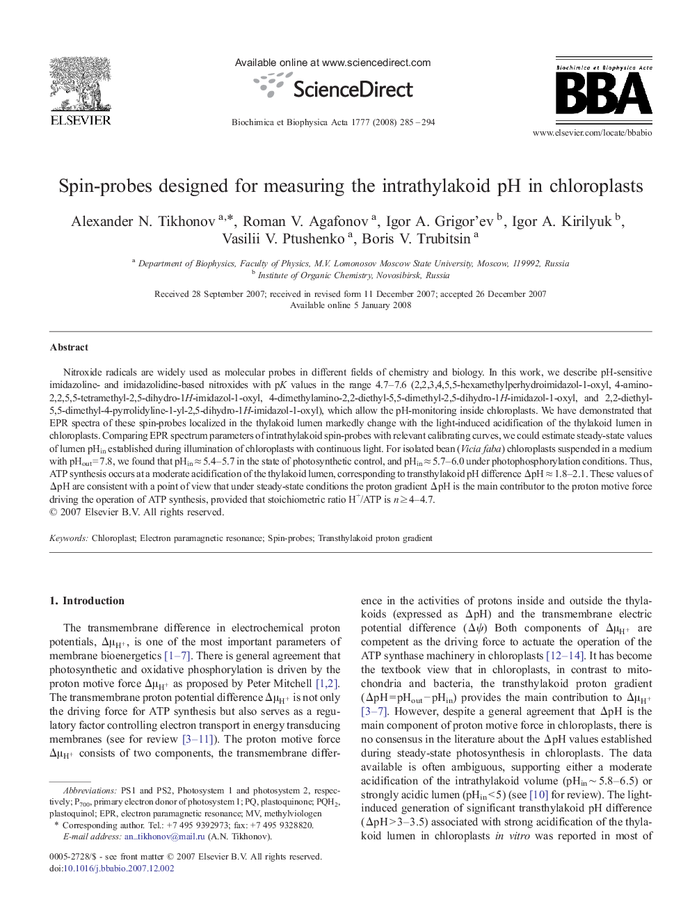 Spin-probes designed for measuring the intrathylakoid pH in chloroplasts