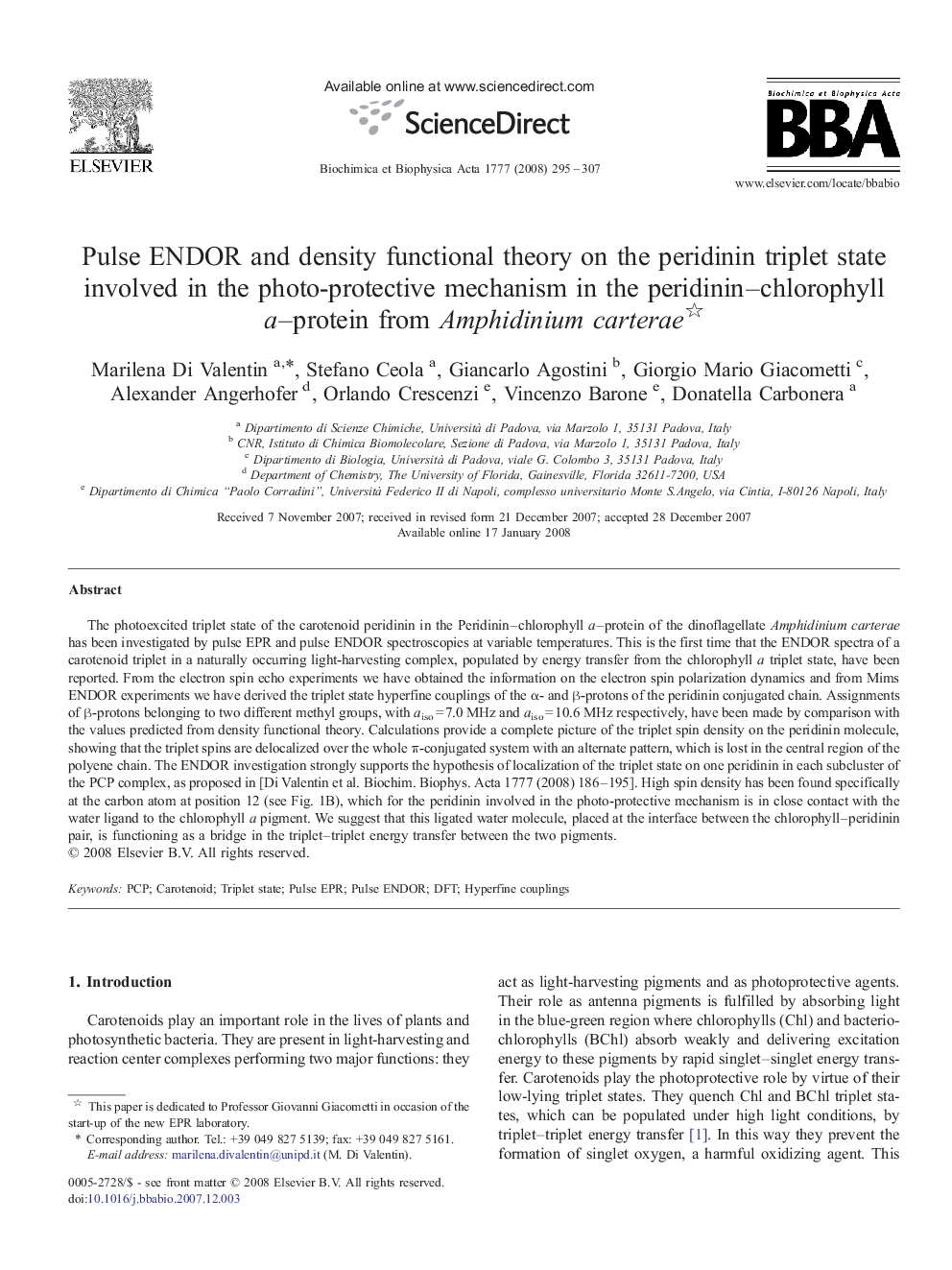 Pulse ENDOR and density functional theory on the peridinin triplet state involved in the photo-protective mechanism in the peridinin–chlorophyll a–protein from Amphidinium carterae 