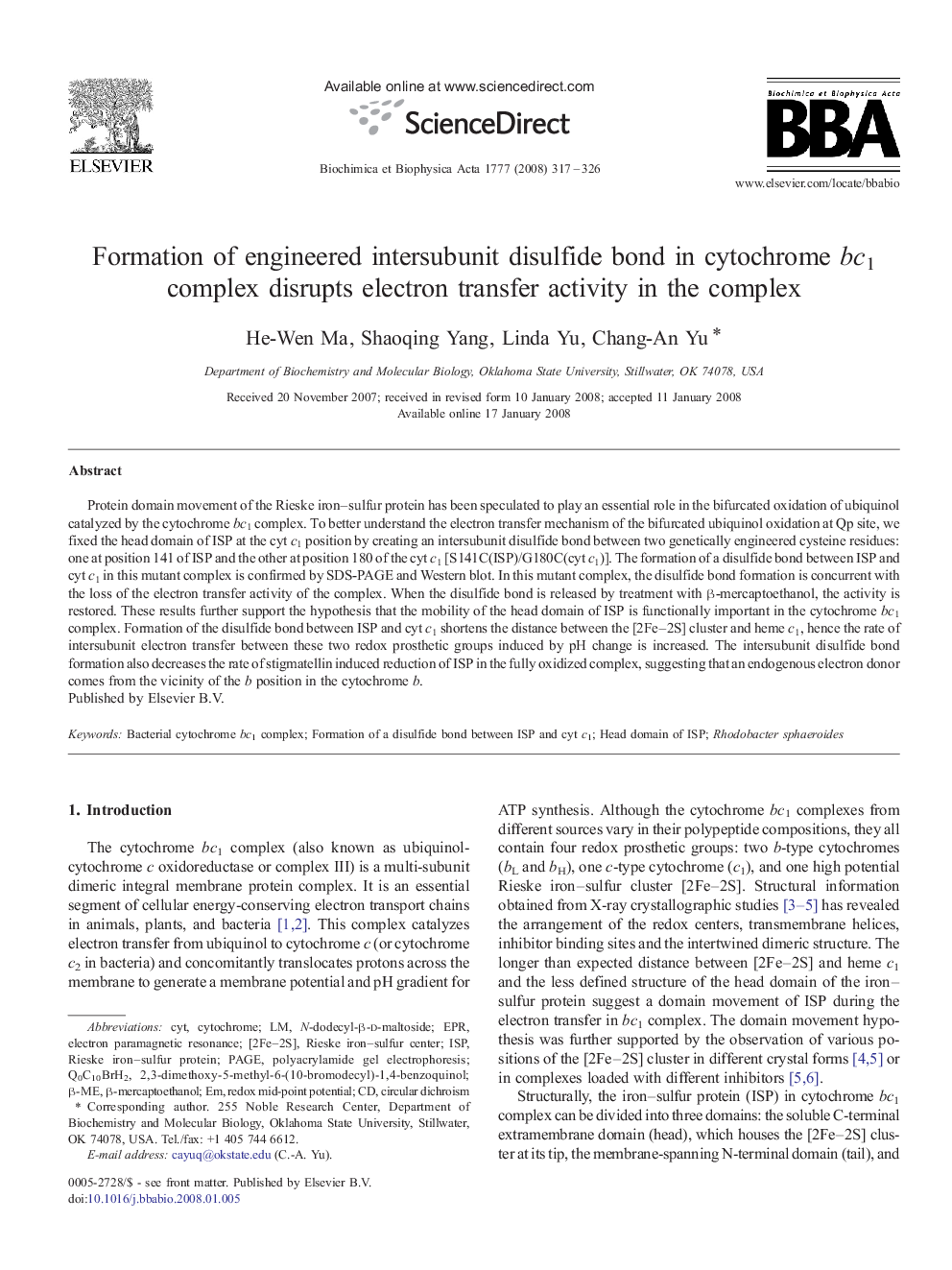 Formation of engineered intersubunit disulfide bond in cytochrome bc1 complex disrupts electron transfer activity in the complex