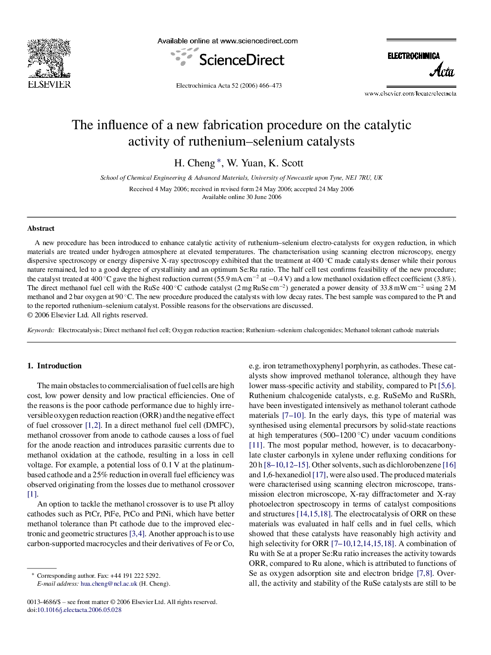 عکس صفحه اول مقاله: The influence of a new fabrication procedure on the catalytic activity of ruthenium–selenium catalysts The influence of a new fabrication procedure on the catalytic activity of ruthenium–selenium catalysts