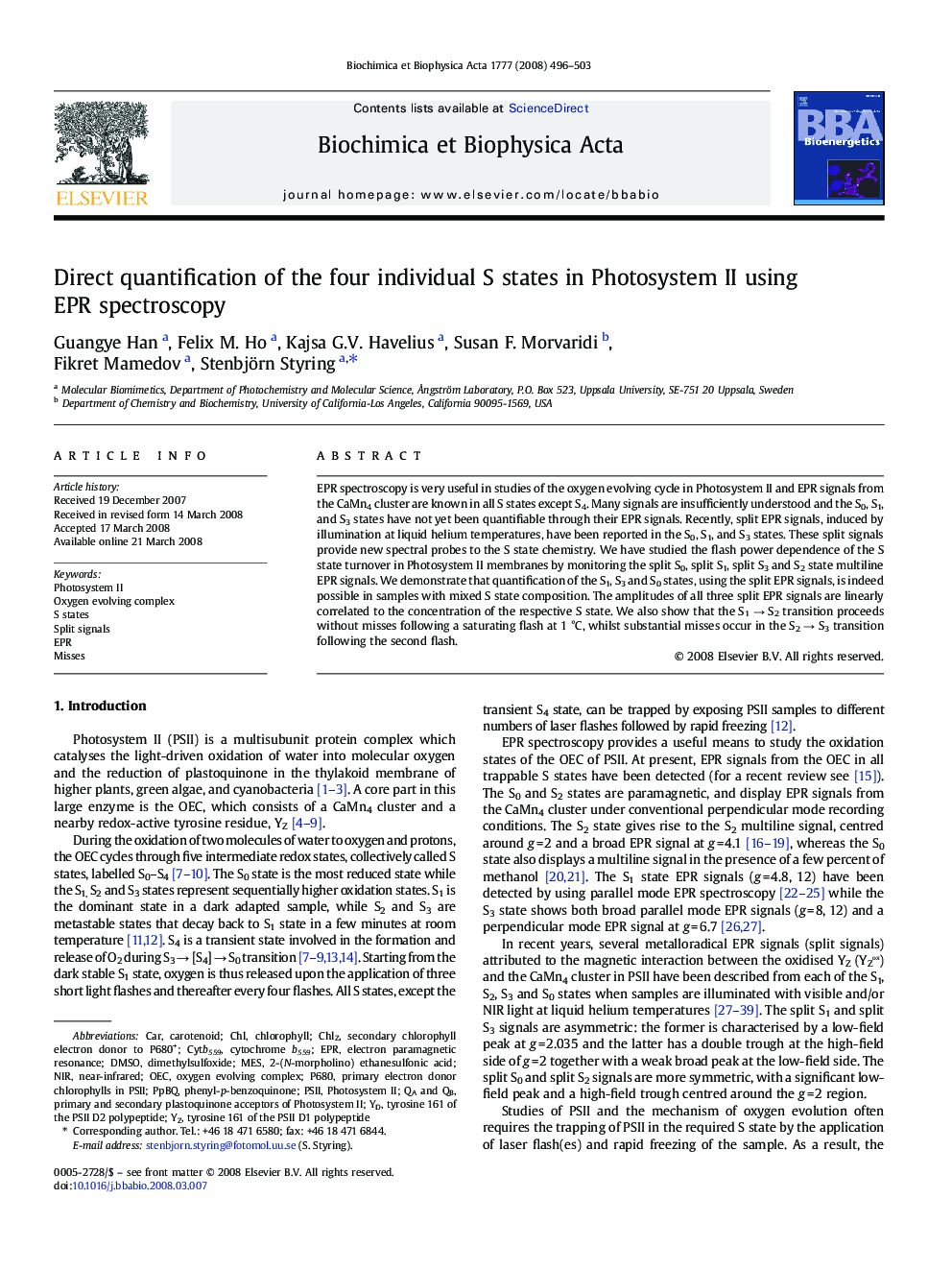 Direct quantification of the four individual S states in Photosystem II using EPR spectroscopy