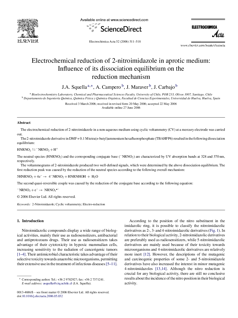 Electrochemical reduction of 2-nitroimidazole in aprotic medium: Influence of its dissociation equilibrium on the reduction mechanism