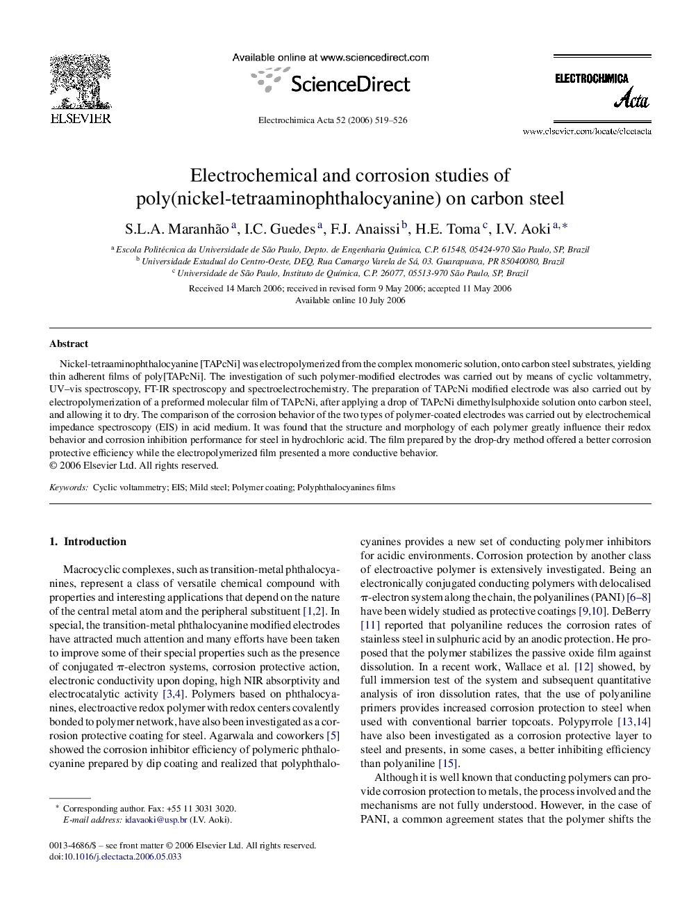 Electrochemical and corrosion studies of poly(nickel-tetraaminophthalocyanine) on carbon steel