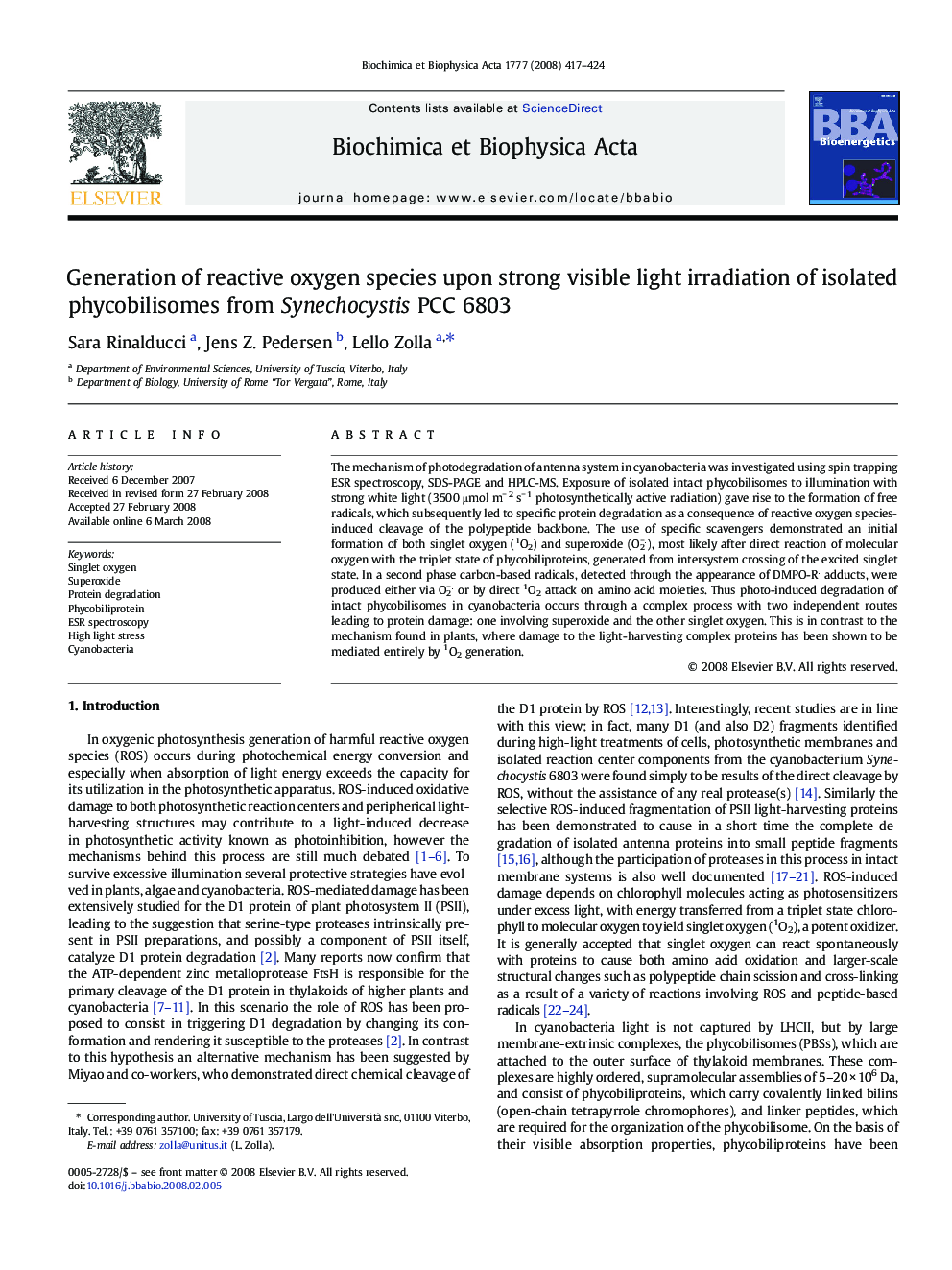 Generation of reactive oxygen species upon strong visible light irradiation of isolated phycobilisomes from Synechocystis PCC 6803