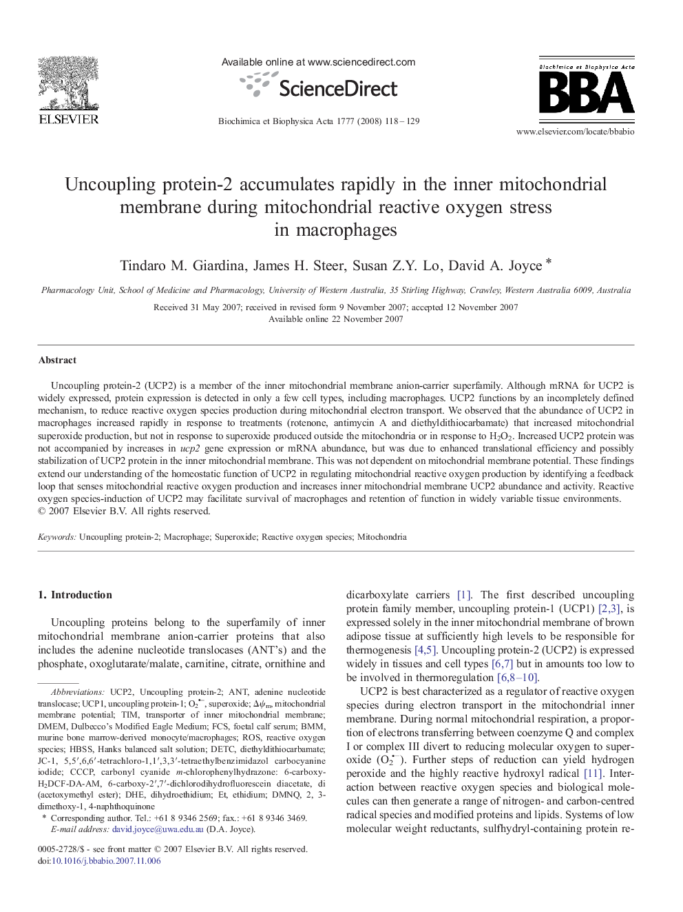 Uncoupling protein-2 accumulates rapidly in the inner mitochondrial membrane during mitochondrial reactive oxygen stress in macrophages