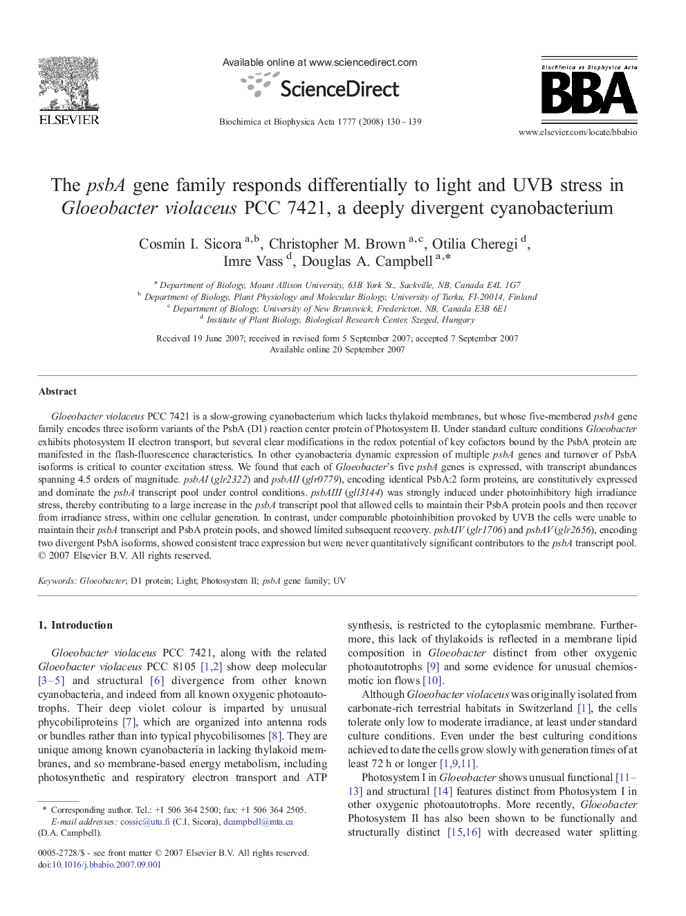 The psbA gene family responds differentially to light and UVB stress in Gloeobacter violaceus PCC 7421, a deeply divergent cyanobacterium