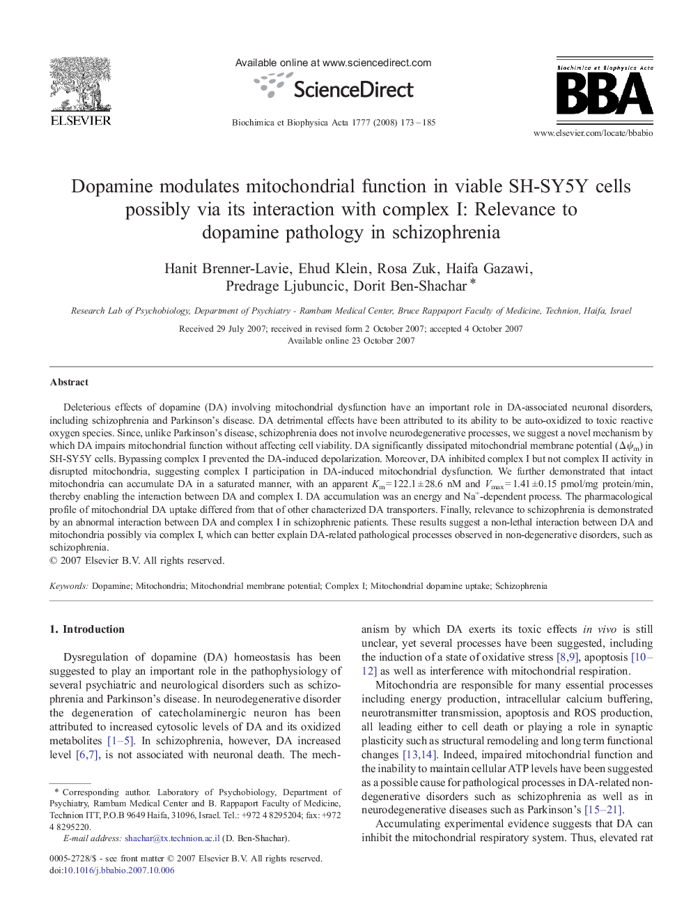 Dopamine modulates mitochondrial function in viable SH-SY5Y cells possibly via its interaction with complex I: Relevance to dopamine pathology in schizophrenia