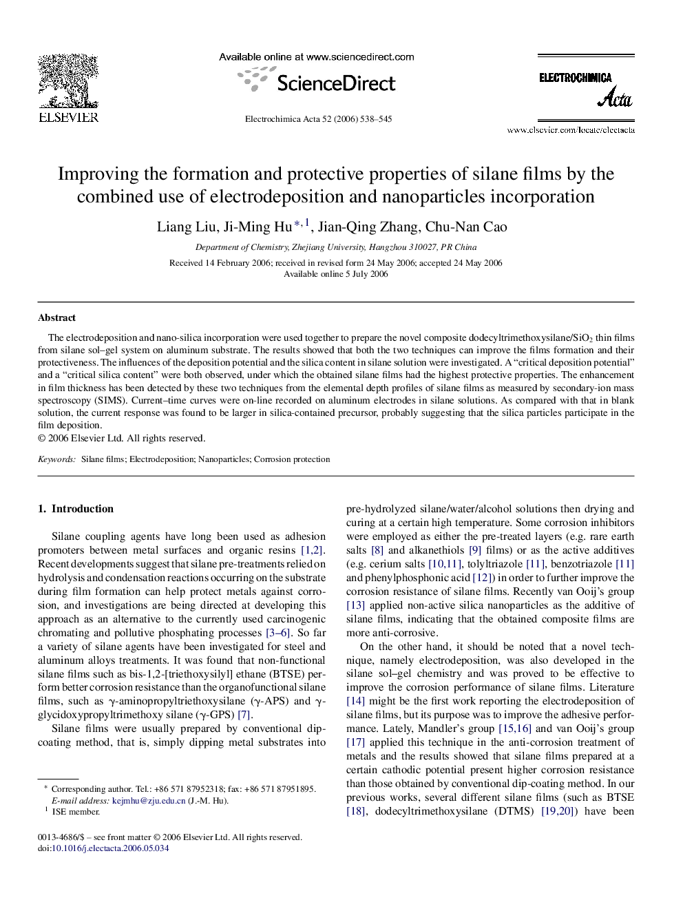 عکس صفحه اول مقاله: Improving the formation and protective properties of silane films by the combined use of electrodeposition and nanoparticles incorporation Improving the formation and protective properties of silane films by the combined use of electrodeposition and nanoparticles incorporation