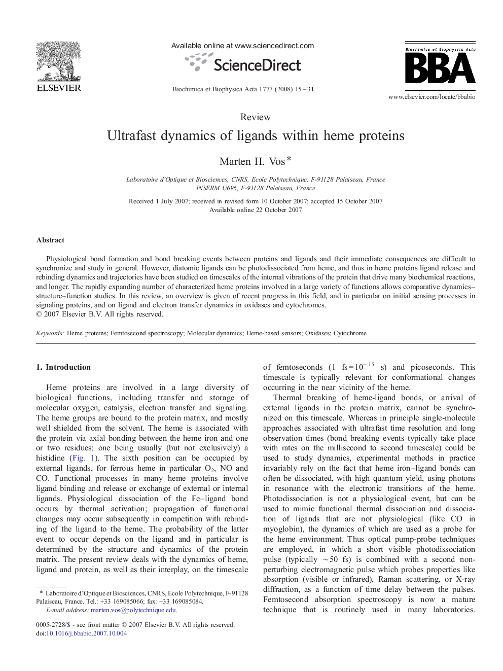 Ultrafast dynamics of ligands within heme proteins