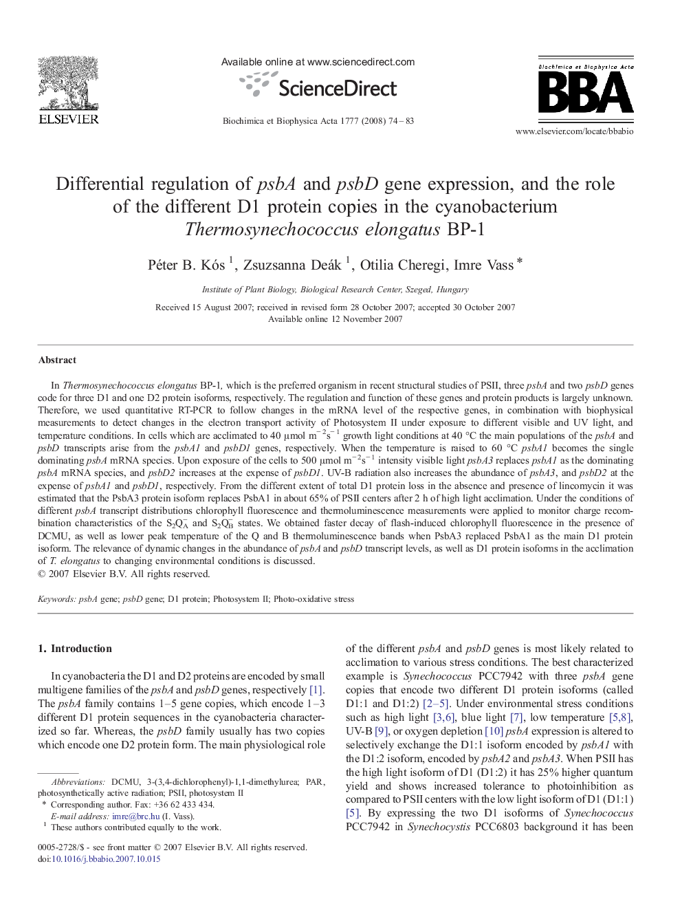 Differential regulation of psbA and psbD gene expression, and the role of the different D1 protein copies in the cyanobacterium Thermosynechococcus elongatus BP-1