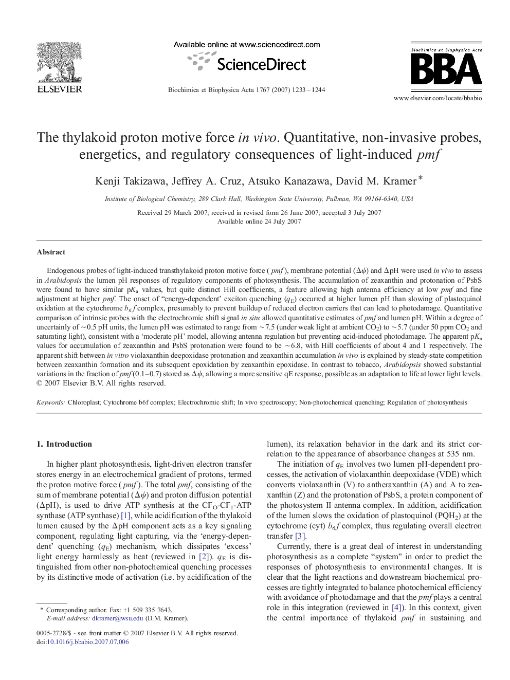 The thylakoid proton motive force in vivo. Quantitative, non-invasive probes, energetics, and regulatory consequences of light-induced pmf