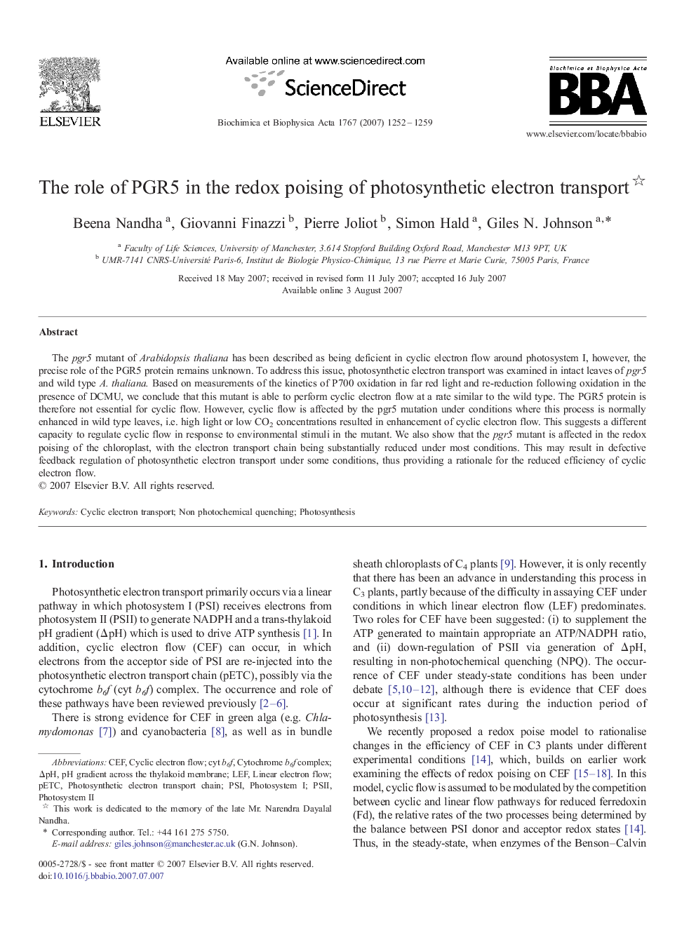 The role of PGR5 in the redox poising of photosynthetic electron transport 