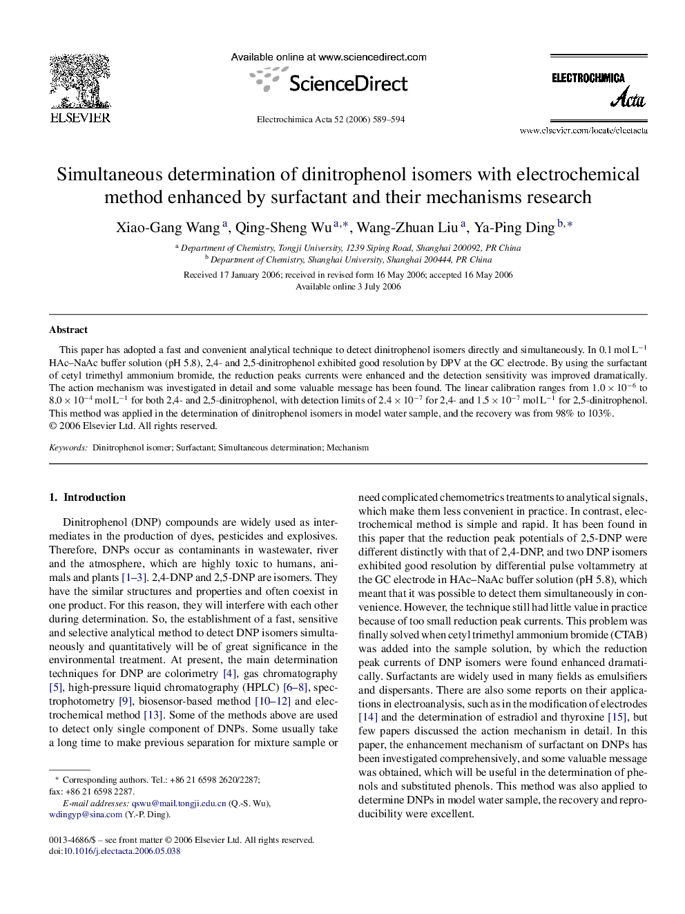 Simultaneous determination of dinitrophenol isomers with electrochemical method enhanced by surfactant and their mechanisms research