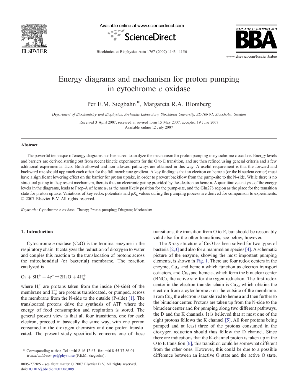 Energy diagrams and mechanism for proton pumping in cytochrome c oxidase