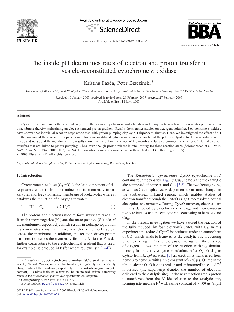 The inside pH determines rates of electron and proton transfer in vesicle-reconstituted cytochrome c oxidase