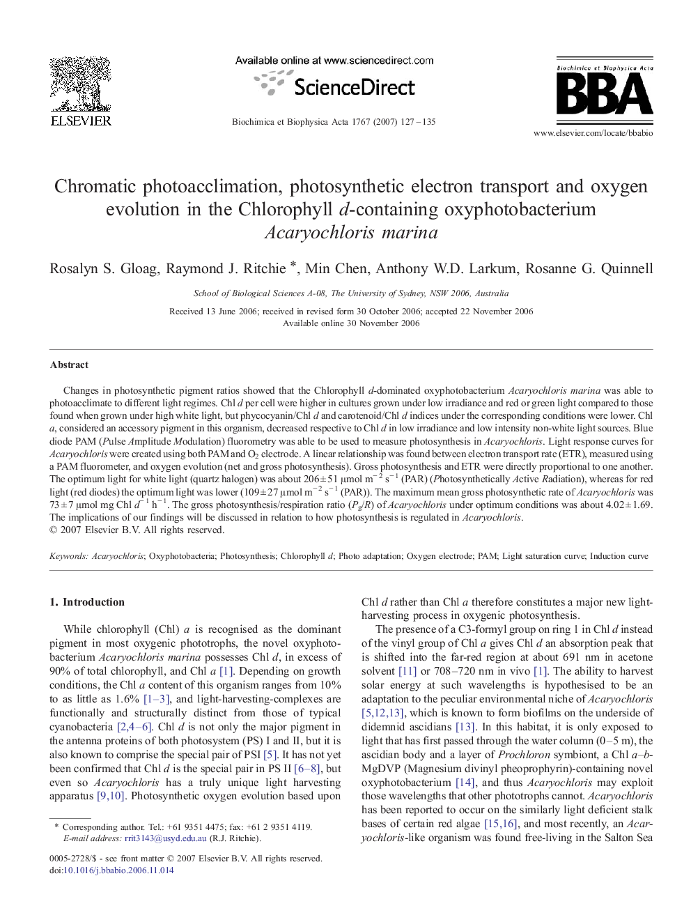 Chromatic photoacclimation, photosynthetic electron transport and oxygen evolution in the Chlorophyll d-containing oxyphotobacterium Acaryochloris marina