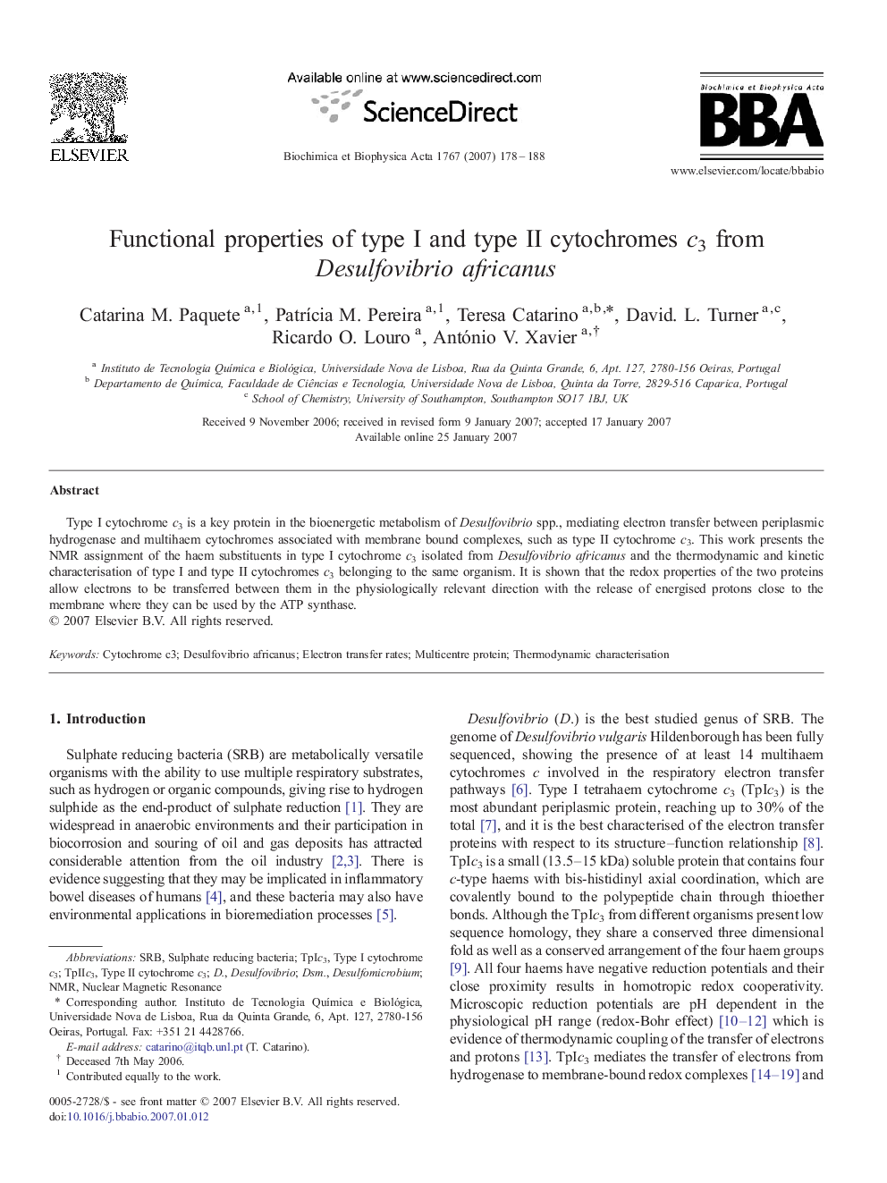 Functional properties of type I and type II cytochromes c3 from Desulfovibrio africanus