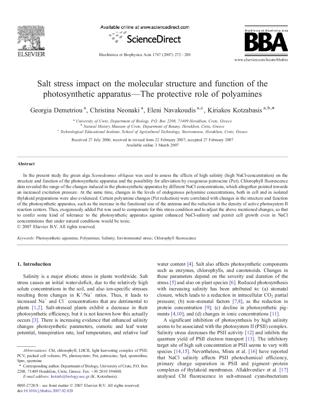 Salt stress impact on the molecular structure and function of the photosynthetic apparatus—The protective role of polyamines