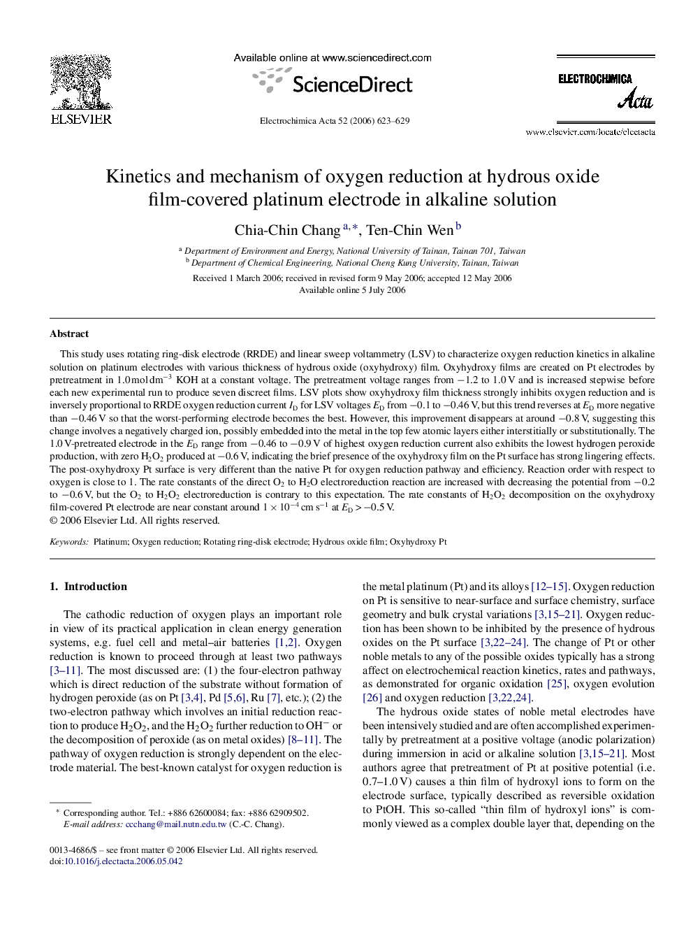 عکس صفحه اول مقاله: Kinetics and mechanism of oxygen reduction at hydrous oxide film-covered platinum electrode in alkaline solution Kinetics and mechanism of oxygen reduction at hydrous oxide film-covered platinum electrode in alkaline solution
