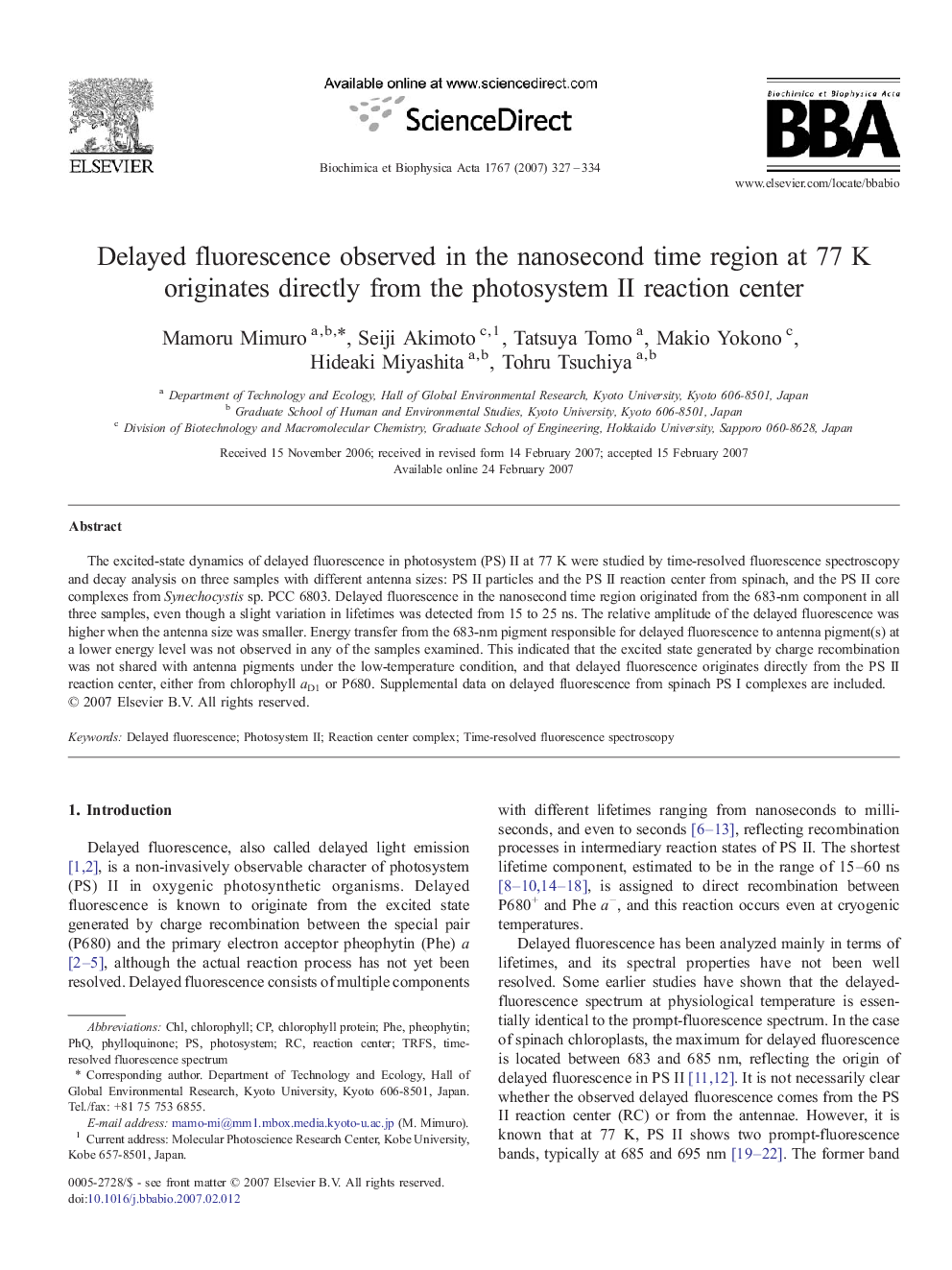 Delayed fluorescence observed in the nanosecond time region at 77 K originates directly from the photosystem II reaction center